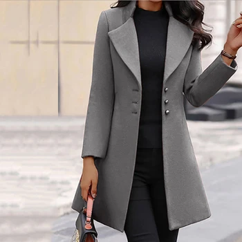 מוצק קולו סלים צמר נשים מעיל ארוך מעיל 2023 סתיו חורף אופנה הקוריאנית הלבשה עליונה מעיל שחור אלגנטי נשי ביגוד
