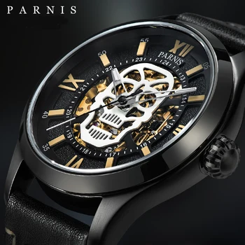 מותג העליון Parnis 42mm שחור זוהר הגולגולת עיצוב חיוג מכני גברים שעונים ספיר זכוכית גברים אוטומטי של השעון רלו גבר