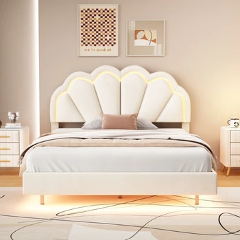 מלא מרופדים חכמה LED מסגרת המיטה עם פרחים אלגנטי המיטה,צף קטיפה פלטפורמת הובלת מיטה עם פסי עץ תמיכה,B