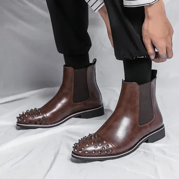 מסמרות נעלי עבודה לגברים מגפי עור זכר אופנה מגפי קרסול