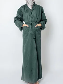 מעיל זמש Abaya עבור נשים חם, מעיל טרנץ ' עם חגורה צעיף המוסלמים האסלאמית בגדים להאריך ימים יותר סלים דש צווארון פתוח קרדיגן