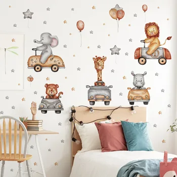מצוירת ביד מצוירת חיות הרכב מדבקות קיר לחדר התינוק חדר ילדים חדר שינה מדבקות עצמית מדבקות לקישוט הבית
