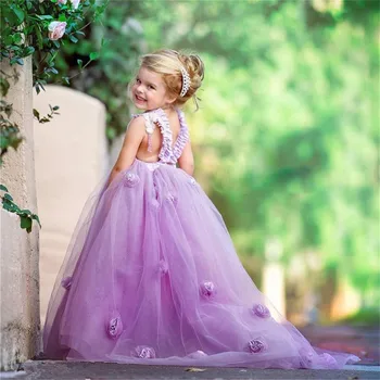 מקסים תחרה פלאפי פרח ילדה שמלות טול סגול 3d אפליקציות סלבריטאים מסיבת הטקס הראשון שמלות אירוע