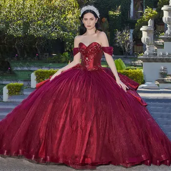 מקסיקני בורגנדי הטקס השמלה 2024 אדום Vestidos דה-15 יום הולדתה תחרה אפליקציה מתוקה בת 16 יום ההולדת תחרות