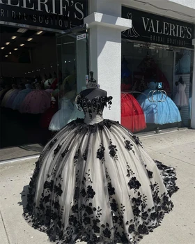 מקסיקני שחור חרוזים 3D פרחים בת 15 הטקס השמלה 2023 את הכתף מתוק 16 להתלבש למסיבה שמלת תחרה vstidos