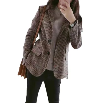 משבצות משרד ליידי מעצב חליפות יוקרה מעיל אלגנטי לנשים התאמת בלייזר מקסימום קוריאנית מנופחים בגדים חדש Outerwears