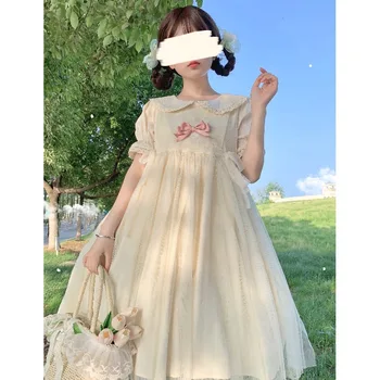 מתוק לוליטה יפנית רכה ילדה חמוד שמלת נסיכה לוליטה קשת פיטר פן צווארון שרוול קצר שמלת Kawaii שמלת הקיץ