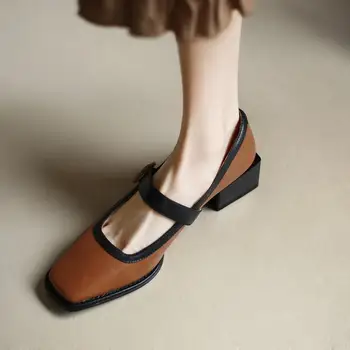 נעלי נשים אלגנטי, רטרו מרי ג ' יין נעליים מרובע אצבעות עבות עם העקבים אופנה חדש האביב, סתיו צרפתי.