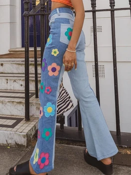 נשים Kawaii רקום ג 'ינס בלוק צבע צד צבעוני רב פרח גבוה המותניים מיקרו Boot Cut מכנסיים נקבה מכנסי ג' ינס 2023