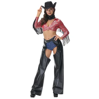נשים בוגרות המערבי פרה ילד צייד פיראטים שריף ציצית גבי מכנסיים, כובע, חגורה להגדיר Cosplay תלבושות ליל כל הקדושים משחק תפקידים תלבושת