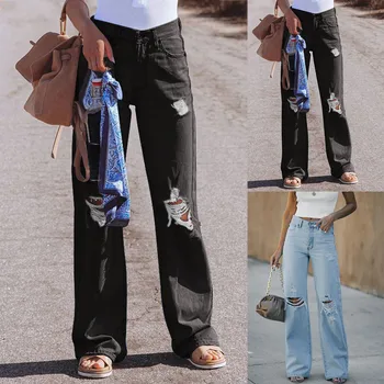 נשים גבוהה המותניים ה-90 האופנה קרע משוחרר מכנסיים צמודות סלים ג ' ינס גזרה אורך רגל מתאימים מכנסיים מכנסיים אופנת רחוב 청바지