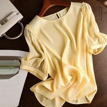 נשים חולצות קיץ, שרוול קצר חולצות חדש אלגנטי משרד ליידי משי תות סאטן החולצה O-צוואר מוצק צבע רופף בגדים 27197