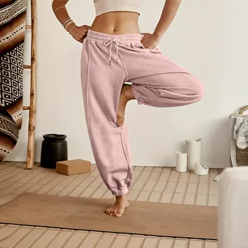 נשים טרנינג גבוהה המותניים יוגה מכנסיים שרוך אצן חותלות עם שני כיסי צד ריצת כושר אימון מכנסיים