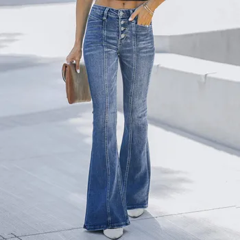 נשים כפתור במכנסיים גבוהה המותניים ג 'ינס לנשים בתוספת גודל כיס אלסטי ג' ינס רופף ג 'ינס מכנסי ג' ינס באגי אישה בגדים