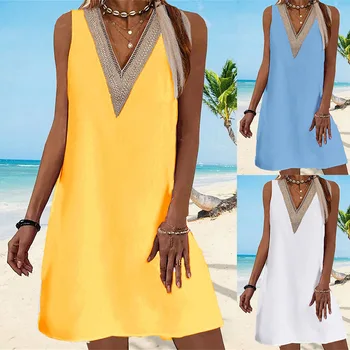 נשים מוצק 2023 קו-שמלה קצרה הקיץ מזדמנים עמוק V-צוואר האפוד החוף אופנה שמלה טלאים ללא שרוולים שמלת קיץ הנסיעה.