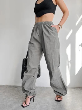 נשים מטען מכנסיים מזדמנים אופנה שרוך רחב הרגל מכנסי כותנה רופף אפור בכיס מכנסי דגמ 
