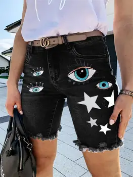 נשים מכנסי ג 'ינס קצרים 2023 הקיץ החדשה של השטן עין אירופאי ואמריקאי מופשט הדפסה מזדמנים בתוספת גודל ג' ינס קצרים.