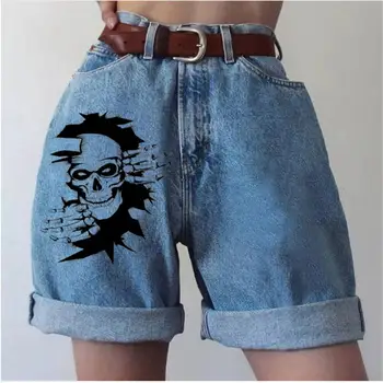 נשים מכנסי ג 'ינס קצרים 2023 הקיץ החדש שלד עצמות רחוב ילדה היפ הופ מזדמן התגלגל מכנסי ג' ינס קצרים