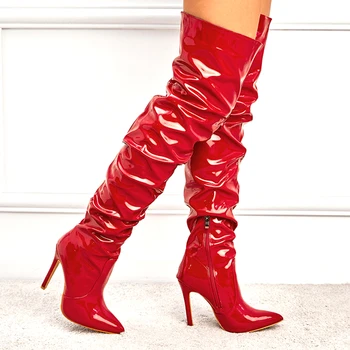 נשים סקסיות אדום שחור משמש עור פטנטים גבוהים העקבים מגפי הירך מחודד בוהן הבמה המגפיים רוכסן בצד אביר מגפי אישה נעליים