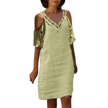 נשים קיץ צוואר V להתלבש מוצק צבע תחרה חלולה חצי השרוולים כתף שמלת קיץ רופף צינור ישרה אלגנטי טוניקה