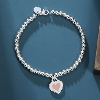נשים קלאסיקה אמייל לב צמידי שרשרת כדור S925 כסף סטרלינג צמיד, תכשיטים, מתנות לחברה