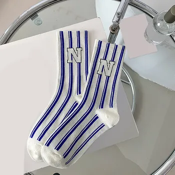 נשים של אור כחול דק עגל אמצע גרביים על ידי פסים ספורט גרבי כותנה N תבנית מכתב נוח יוניסקס אנטי-בקטריאלי Calcetines 