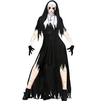נשים שמלת Cosplay נזירה אופנה בשחור-לבן תפירת שרוול קצר ציצית זמן ליל כל הקדושים זומבי שמלה שרוול ארוך