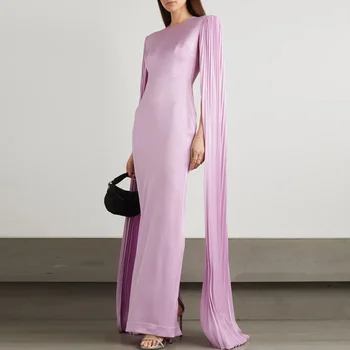 נשים שמלת הערב O-צוואר שרוול ארוך קייפ קפלים טלאים סלים אופנה שמלות ערב אלגנטי המסלול מעצב סלבריטי