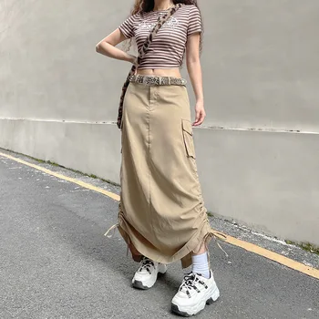 נשים שרוך לפצל את החצאית הארוכה Harajuku מטען חצאיות Y2K אופנת רחוב פאנק תלבושות מתכוונן שרוך גבוהה המותניים הגברת חופשת האביב.