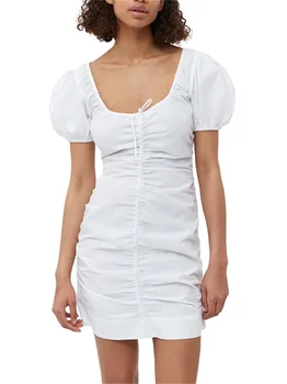 נשים שרוך קפלים כיכר קולר שמלת מיני 2023 קיץ חדש גבירותיי קצר פאף שרוול סלים מתאים לעטוף לבן סלים החלוק