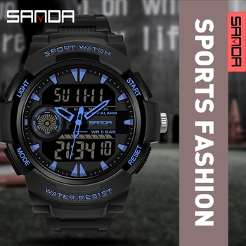 סאנדה גברים של ספורט שעונים רב תכליתי הכרונוגרף 50 מטר עמיד למים שעון יד דיגיטלי צבאי קוורץ שעון Relogio Masculino