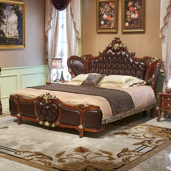 סגנון אירופאי מעץ מלא יוקרה מיטת הכלולות, וילה יוקרתית המיטה, אצילי 2 מטר 2.2 מטר מיטת קינג, אלון מגולף עור אמיתי b