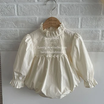 סגנון קוריאני סתיו אביב בגדי התינוק הנולד ילדה סרבל עם שרוולים ארוך כותנה, תחרה, תפירה תינוקות תינוקת Bodysuits