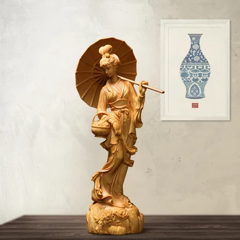 סינית קלאסית Cheongsam יופי פיסול עממי יד גילוף פסל קיר לעיצוב הבית מזל קישוט אביזרים
