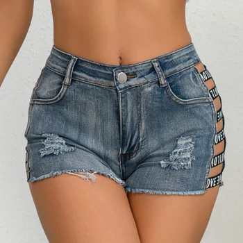 סקסית גבוהה המותניים נשים מכנסי ג 'ינס קצרים 2023 קיץ אופנה ג' ינס חור טביעות החדרת אלסטיים קצרים בנות רזות קצר מאוד. ג ' ין