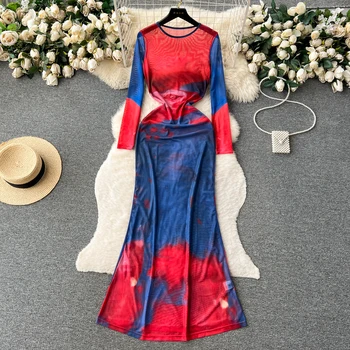 סקסית ההדפסה העצום רשת שרוול ארוך שמלת שיק אלגנטי Vestidos וינטג ' O-צוואר קיץ נשים קוריאני אופנה היפ לעטוף את השמלה.