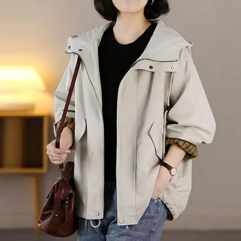 סתיו קוריאני נשים מעיל שרוול ארוך מזדמן מעיל 2023 החדש עם הכיפה קצר ביטון מקרית נשי מעיל רוח הלבשה עליונה מ-4XL