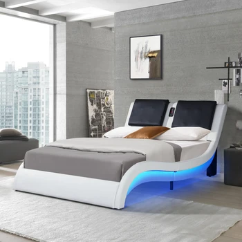 עור מרופדים פלטפורמה מסגרת מיטה עם תאורת led ,חיבור Bluetooth כדי לנגן מוסיקה /RGB שליטה