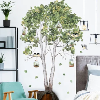עץ גדול ליבנה מדבקות קיר עלים ירוקים מדבקות קיר הסלון, חדר השינה ציפורים עיצוב הבית פוסטר קיר PVC קישוט החדר