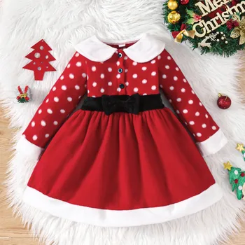 פעוטות ילדים בנות חג המולד להתלבש בובת קטיפה צווארון לקצץ טלאים שרוול ארוך קו נסיכת שמלת סתיו חורף מתוק שמלה