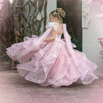 פרח שמלת ילדה ורודה קפלים שכבתית פלאפי טול אפליקציה חתונה אלגנטית פרח של ילד לחם קודש שמלת מסיבת יום הולדת