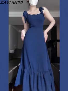 פרנץ קליין כחול וחולצת אלגנטית טמפרמנט שמלת נשים אופנה אופנתי מוצק צבע תחרה למעלה קפלים הצווארון המרובע זמן Vestido