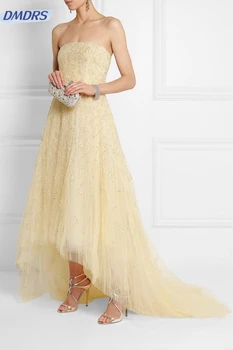 פשוט וחולצת סטרפלס באורך רצפת BridesmaidDress יוקרה חרוזים שמלות אלגנטיות טול הכלה חלוק Vestidos דה נוביה
