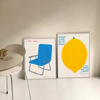 פשוט נורדי פוסטר תפוז לימון כיסא כחול בד להדפיס ציור קיר אמנות תמונה השינה פנים סלון קישוט הבית