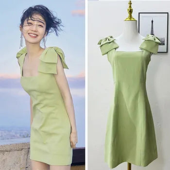 קוריאני חדש סקסי קשת Suspender השמלה נשים חדש 2023 קיץ אלגנטי ללא שרוולים קו גבוהות מותן, שמלות מוצק הצווארון המרובע