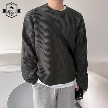 קוריאני חופשי O-צוואר סוודר סוודר Mens מוצק צבע רופף מזדמן Harajuku אופנה פשוטה ארוך שרוולים סוודר סריגים זכר
