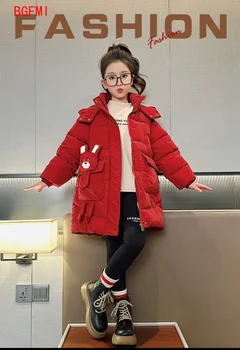קוריאני חורף כבד ' קט בנות מעיל עמיד למים מבריק עם ברדס ילדים הלבשה עליונה בגדי ילדים מתבגרים פרווה חליפת שלג 5-12 Y