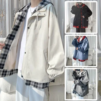 קוריאני שחור לבן משובצת גברים עם ברדס מעיל 2023 Harajuku אדם גדול מעילים האביב זכר מזדמן Outwears בגדים