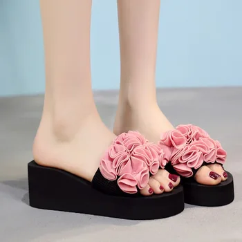 קיץ נעלי פלטפורמת כפכפים נשים בוהמי סגנון קיץ נעלי בית עם פרחים נשים מידות גדולות