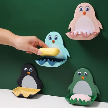 קיר רכוב מחזיק סבון הפינגווינים החמודים צורה הגבהה עם וו אביזרי אמבטיה אגרוף חינם צלחת סבון ספוג אחסון מדף